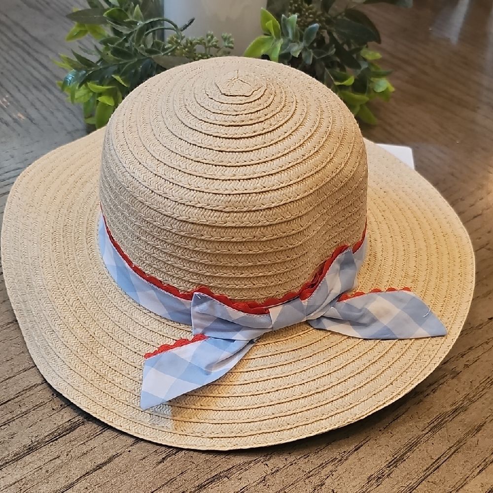 Straw Sun Hat with Blue Gingham Bow Girls OSFA